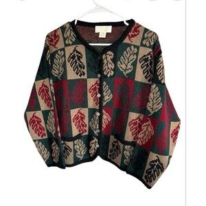 Tally Ho Autumn Fall Leaves Novelty Sweater Cardigan Vintage M